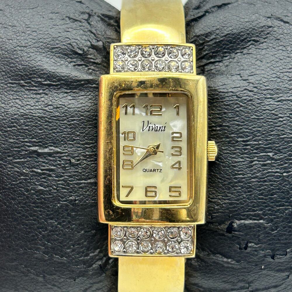 Vivani Gold-tone Rhinestone Accents Women’s Cuff Watch Working New Battery